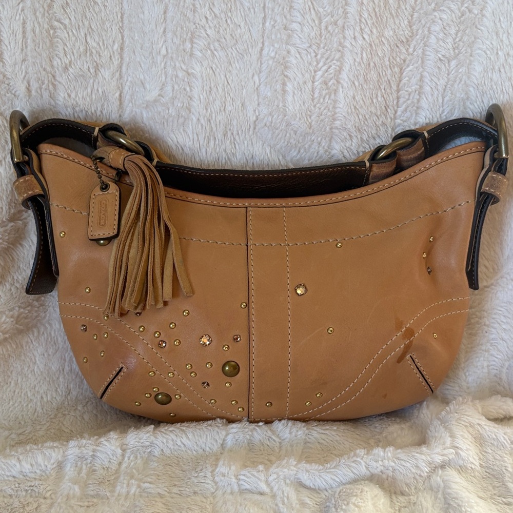 Coach Tan Leather Studded Shoulder Hobo with Tassel Accent